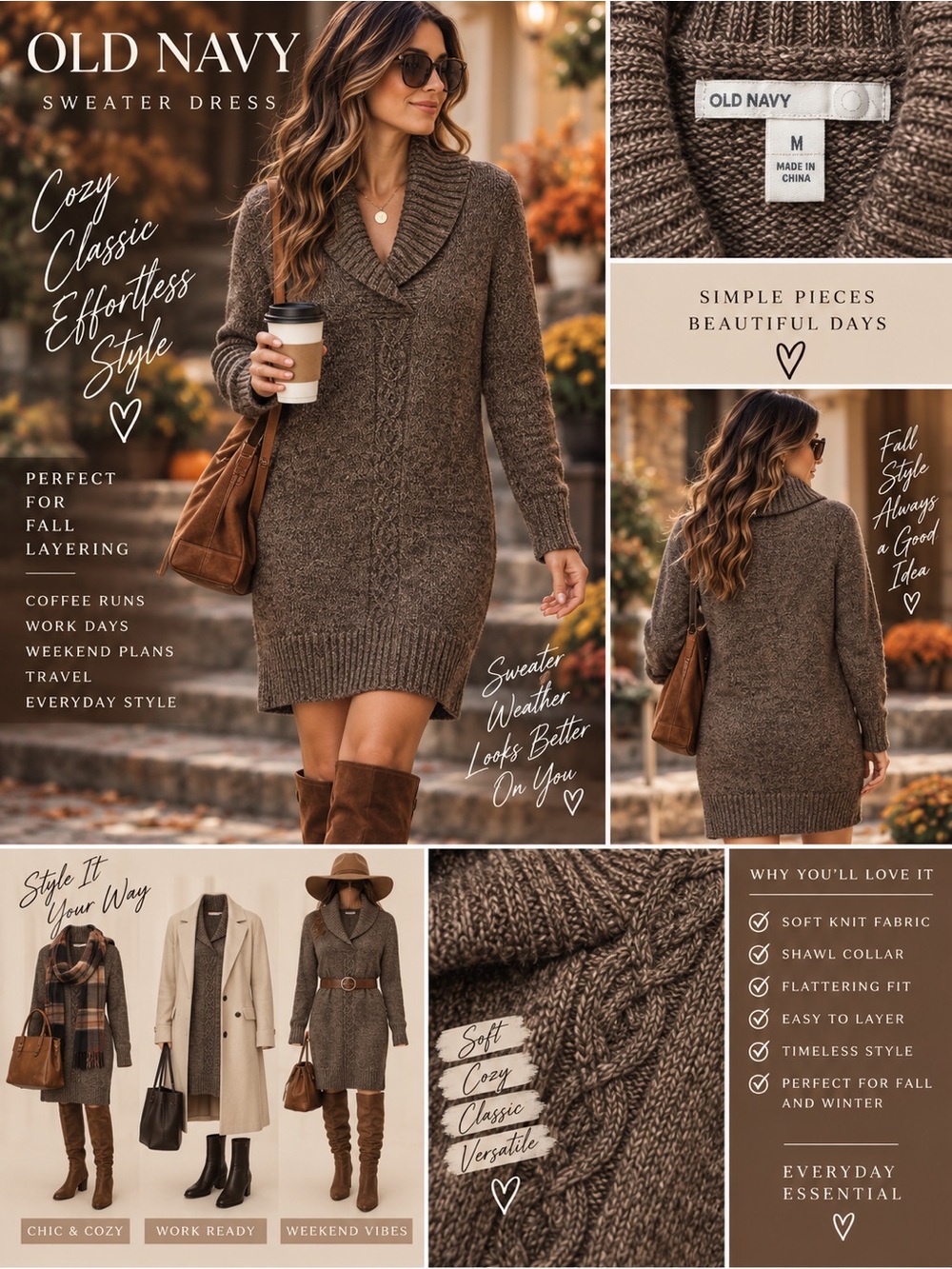 Old Navy Brown Sweater Dress Women’s M Shawl Collar Cable Knit Fall Midi